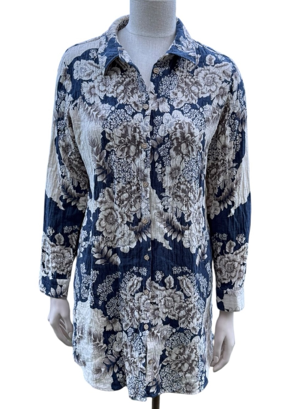 Soft Surroundings Navy & Cream Floral Button-Front Shirt dress
